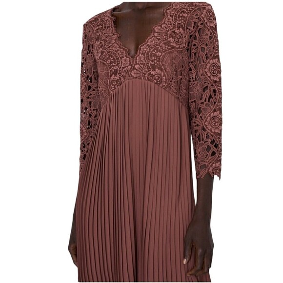 Zara Terracotta Pleated Guipure Lace Dress Size Medium - Picture 4 of 13